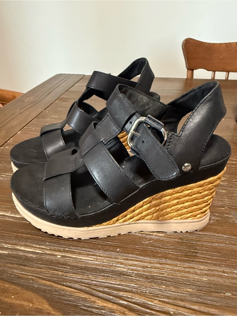 UGG Black Leather Wedge Sandals with Braided Espadrille Heel